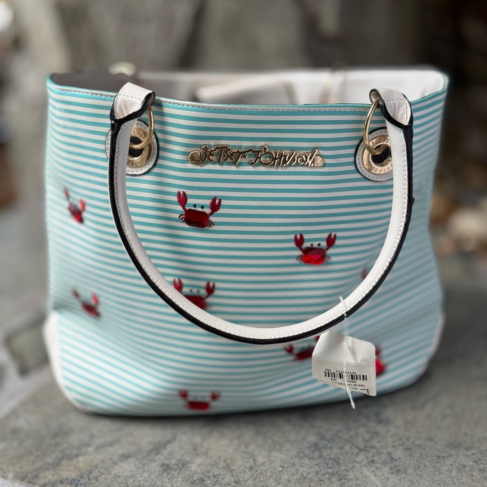 Betsey Johnson "Don't Be Shellfish"
Teal/White Tote, Red Crab Embellishments